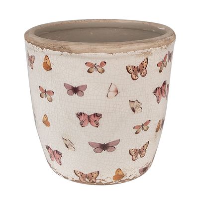 Clayre & Eef Blumentopf Ø 16x16 cm Beige Rosa Keramik Schmetterlinge (Gr. Ø 16x16 cm)