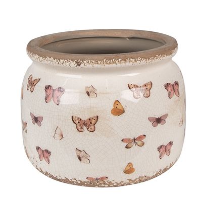 Clayre & Eef Blumentopf Ø 20x15 cm Beige Rosa Keramik Schmetterlinge (Gr. Ø 20x15 cm)