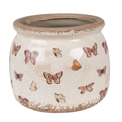 Clayre & Eef Blumentopf Ø 16x13 cm Beige Rosa Keramik Schmetterlinge (Gr. Ø 16x13 cm)