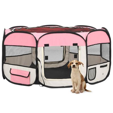 vidaXL Faltbarer Welpenlaufstall mit Tragetasche Rosa 145x145x61 cm