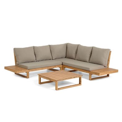 Set Flaviina 5-Sitzer Ecksofa und Tisch aus massivem Akazienholz