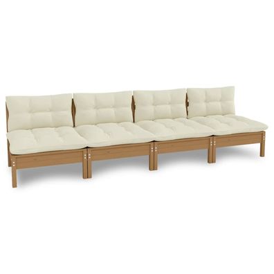 4-Sitzer Gartensofa aus Brauner Kiefer mit Cremeweißen Kissen