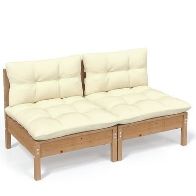 2-Sitzer Gartensofa aus Brauner Kiefer mit Cremeweißen Kissen