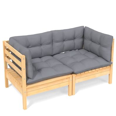 2-Sitzer Gartensofa aus Kiefernholz mit Grauen Kissen