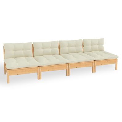 4-Sitzer Gartensofa aus Kiefer mit Cremeweißen Kissen