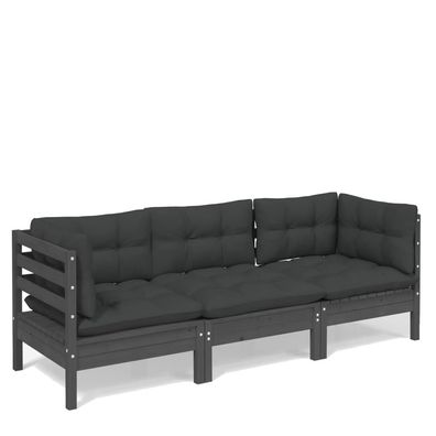 3-Sitzer Gartensofa aus Schwarzer Kiefer mit Anthrazit Kissen