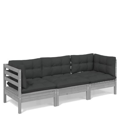 3-Sitzer Gartensofa aus Grauer Kiefer mit Anthrazit Kissen