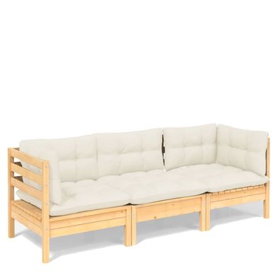 3-Sitzer Gartensofa aus Kiefer mit Cremeweißen Kissen