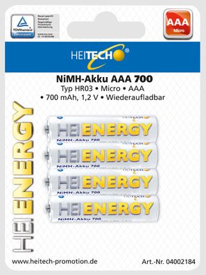 Heitech 4er Pack NIMH-Akku, Micro/AAA / HR03 700 mAh Wiederaufladbare Batterie