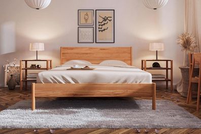 Bett Zola 1 Kernbuche massiv 90x200 mit Holzkopfteil und Holzbeinen