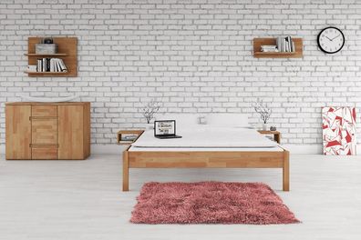 Bett Bento 1 aus Kernbuche massiv 200x200 cm ohne Kopfteil mit Holzbeinen