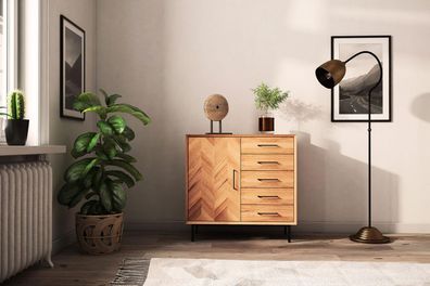 Kommode Seiba Kernbuche massiv 97x45x95 mit 1 Tür 5 Schubladen Fischgrätmuster
