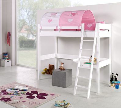 Hochbett Renate Buche Massiv Weiß lackiert mit Schreibtisch und Textilset