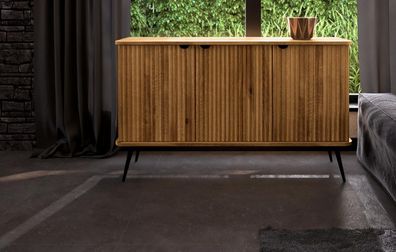 Kommode Tula Wildeiche massiv 144x46x87 mit 3 Türen Riffelfront Metallbeinen