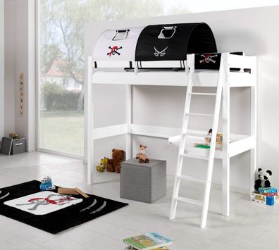 Hochbett Renate Buche Massiv Weiß lackiert mit Schreibtisch und Textilset