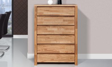Kommode Tinci aus Wildeiche massiv 80x45x112 mit 6 Schubladen und Holzbeinen