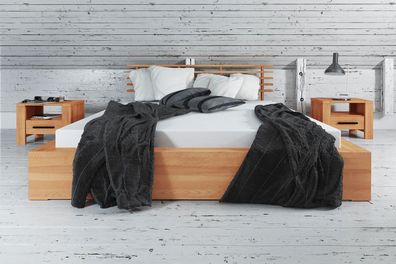 Bett Lubic 1 aus Kernbuche massiv 180x200 mit Sprossenkopfteil u. Holzfußgestell