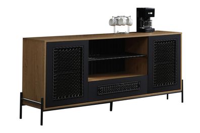 Sideboard 164 x 43 cm MDF Natur mit schwarzem Metallgestell und Rattanoptikfront