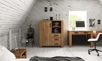Kommode Lubic aus Wildeiche massiv 111x45x128 mit 1 Tür 3 Schubladen 2 Fächern