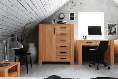 Kommode Lubic aus Kernbuche massiv 111x45x128 mit 1 Tür 6 Schubladen Holzbeinen