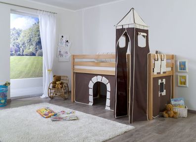 Halbhohes Einzelbett Alex Buche massiv 90x200 cm Natur lackiert mit Stoff-Set