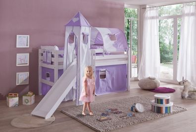 Halbhohes Spielbett Elyas Buche Weiß 90x200 cm mit Rutsche und Turm