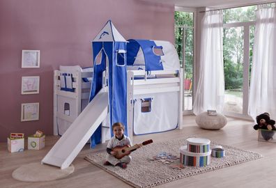 Halbhohes Spielbett Elyas Buche Weiß 90x200 cm mit Rutsche und Turm