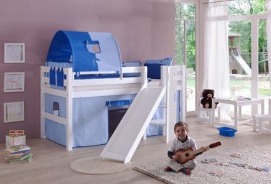 Halbhohes Spielbett Elyas Buche Weiß 90x200 cm mit Rutsche und Turm