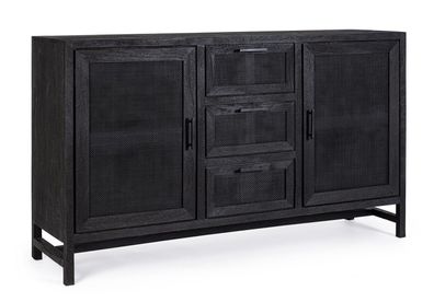 Sideboard Weston 150x40x90cm Mango schwarz 2 Türen und 3 Schubladen Rattanfront