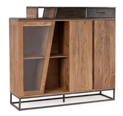 Highboard Janak 145x40x134cm Akazienholz mit Metallgestell 3türig und Schubladen