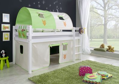 Halbhohes Einzelbett Alex Buche massiv 90x200 cm Weiß lackiert mit Stoff-Set