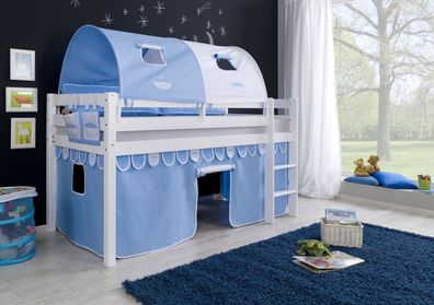 Halbhohes Einzelbett Alex Buche massiv 90x200 cm Weiß lackiert mit Stoff-Set