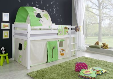 Halbhohes Einzelbett Alex Buche massiv 90x200 cm Weiß lackiert mit Stoff-Set