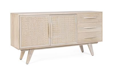 Sideboard Sahana 155x40x80cm Mangoholz Natur Rattanfront 2-Türig 3 Schubladen