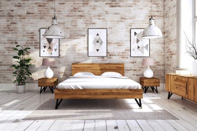 Bett Rolo 2 Sonderlänge 80x190 Wildeiche massiv Holzkopfteil und Metallbeine