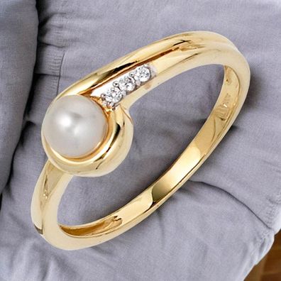 Damen Ring 333 Gold Gelbgold 1 Süßwasser Perle 3 Zirkonia Goldring Perlenring