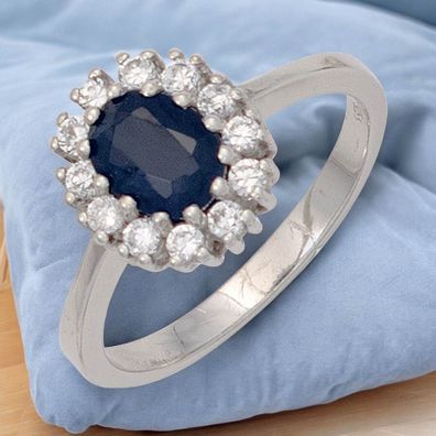 Damen Ring 925 Sterling Silber rhodiniert 1 Safir blau 12 Zirkonia Silberring