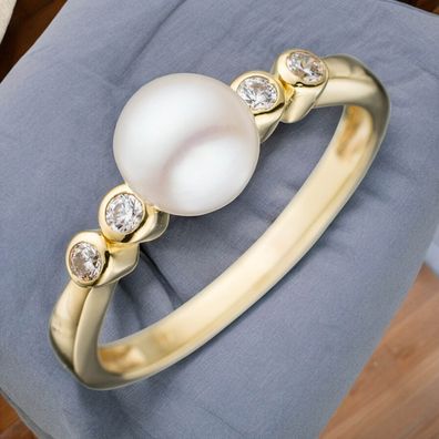 Damen Ring 333 Gold Gelbgold 1 Süßwasser-Perle 4 Zirkonia Goldring Perlenring