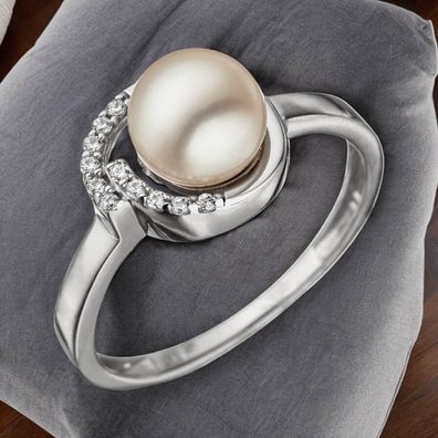 Damen Ring 925 Sterling Silber mit 1 Süßwasser Perle und Zirkonia Perlenring