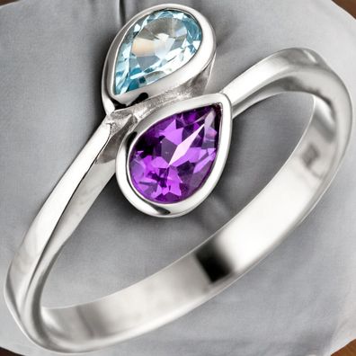 Damen Ring 925 Sterling Silber 1 Amethyst lila violett 1 Blautopas hellblau blau