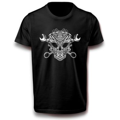 Skull Totenkopf Arbeit Werkzeug Mechaniker Schädel Motor Getriebe Handwerker T-Shirt