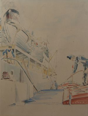 Aquarell 1958 H. Hudemann, Wasserboot Borkum / 5868