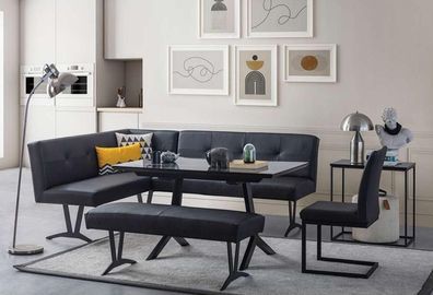 Stilvolles Schwarzes Esszimmer Set Leder Eckbank Sitzbänke Luxus Stühle