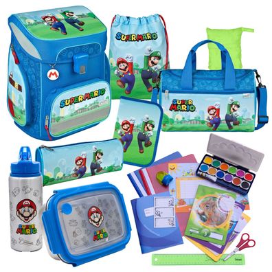 Scooli Schulranzen Super Mario 21 Teile-Set mit Dose Sporttasche Flasche und Zubehör