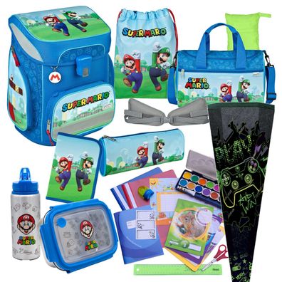 Scooli Schulranzen Super Mario 23 Teile-Set mit Sporttasche, Schultüte, Hüftgurt uvm