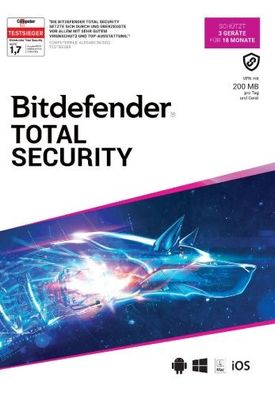 Bitdefender Total Security 2024 inkl. 200MB VPN, 3 Geräte, 18 Monate, Download