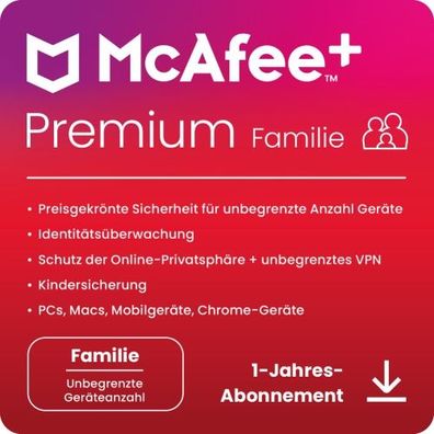 McAfee+ Premium Family Security - 2 + 4 Nutzer / Unbegr.-Geräte / 1 Jahr - KEY (ESD)