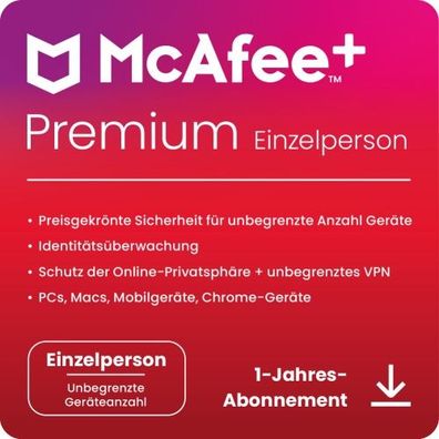 McAfee+ Premium Individual Security - 1 Nutzer / Unbegrenzte-Geräte / 1 Jahr KEY (ESD