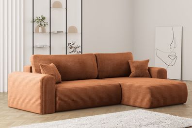 Ecksofa mit Schlaffunktion und Stauraum für Bettzeug, Capri Stoff Poso Ziegel Rechts