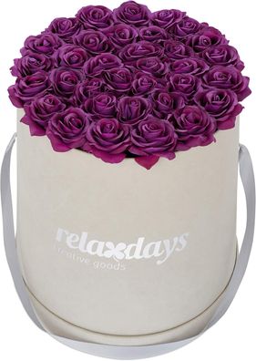 Relaxdays Rosenbox rund, 34 Rosen lila, Flowerbox grau